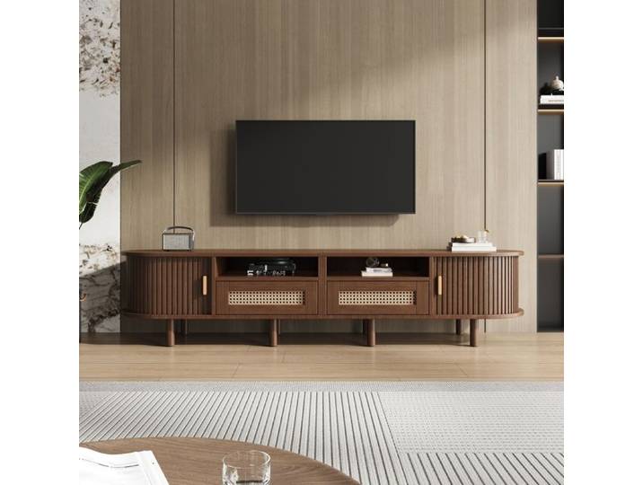 Meuble TV - KOMHTOM - 170×40×40 cm - 2 tiroirs rotin - 2 portes coulissantes - Pour TV jusqu'à 70