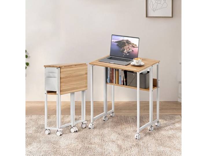 Bureau pliant en panneaux de particules finition naturelle 63 x 50 cm avec roulettes et rangement pour bureau à domicile