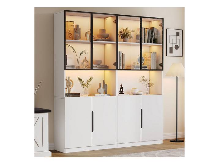 HAUSS SPOLE Vitrine mit Glastüren, LED-Leuchten, weiße Türen mit schwarzer Dekoration (2-St)
