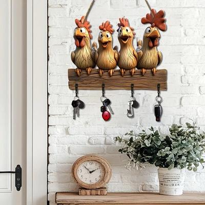 Uplifted Finds Rustic Farmhouse Hen Key Holder   Whimsical 2D Wooden Wall Mount Organizer With Antique Copper Hooks Rustic Farmhouse Hen Key Holder   Whimsical 2D Wooden Wall Mount Organizer With Antique Copper Hooks