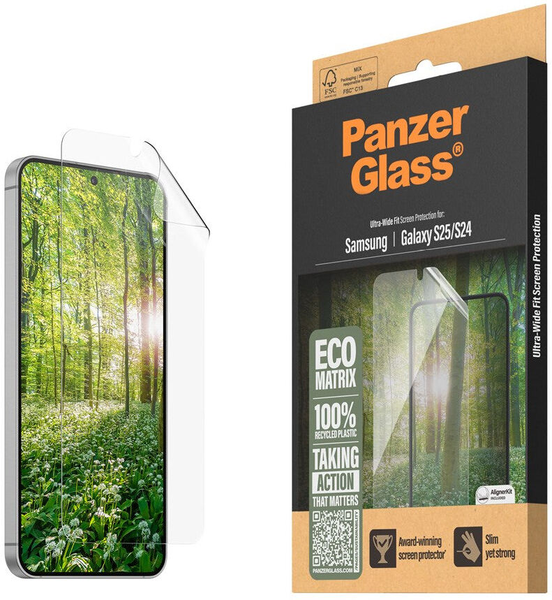 Samsung Galaxy S25 PanzerGlass Eco Matrix Beskyttelsesglas - Ultra Wide Fit - Alignerkit - Platinum Strength - Gennemsigtig