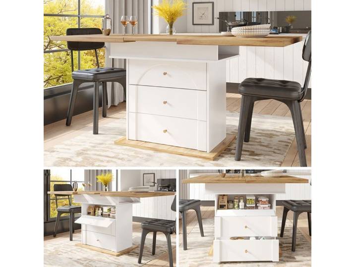 Table à manger extensible - Becag - Table de salle à manger 110-140x80cm avec rangement - Table de cuisine - Blanc
