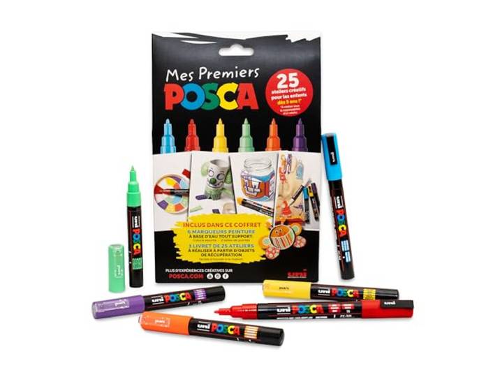 POSCA - Mitsubishi Pencil Uni - Mijn Eerste POSCA Set - 6 Verfmarkers, Waterbasis - 4 PCM1C Extra Fijne Punt, 2 PC3M Fijne Punt, 1 Boekje met 25 Creatieve Workshops - Kunststofvrije Verpakking