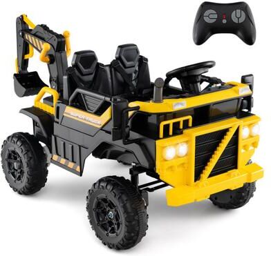 Costway 24V Ride On Excavator 4WD 2-Seater with Remote Control and Digging Arm-Yellow