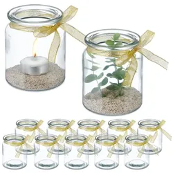Relaxdays Windlicht im 12er Set mit Schleife Gold,Transparent