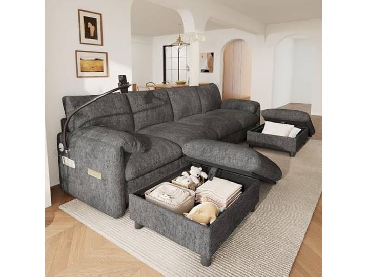 BTM L-Form Ecksofa mit 2 Stauraum Hockern und Handyhalter, Modulares Sofa Wohnzimmer Wohnlandschaft U-Form Grau