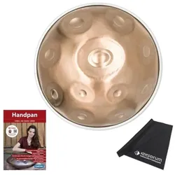 Patera Handpan HPDM-11 Compact Edelstahl D-Kurd mit Lehrbuch und Mikrofasertuch (Handpan), Perkussion, Gold