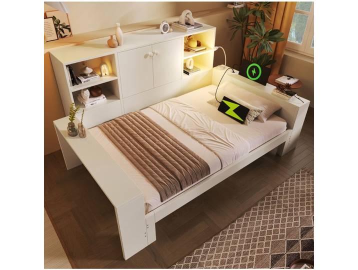 Lit gigogne blanc 237 x 133 x 100 cm avec rangement ports USB et USB-C sans matelas