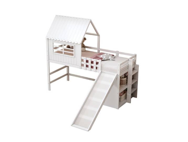 OKWISH Kinderbett Hochbett (Dachhaus-Stil mit Rutsche & Leiter, Stauraum & Spielzone, Massivholz Einzelbett, 90x200 cm), Inklusive Matratze