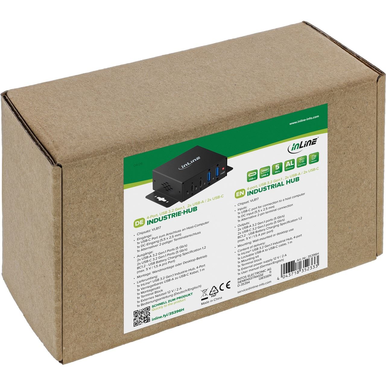 InLine USB 3.2 Industrie-Hub, 4-Port, 2x USB-A, 2x USB-C