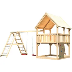 Akubi Kinderspielturm Luis mit Doppelschaukelklettergrüst inkl. Kletterwand naturbelassen