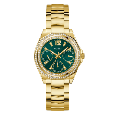 Multifunktionsuhr GUESS "RITZY", gold (goldfarben, grün), Armbanduhren, Damen, Quarzuhr, Armbanduhr, Damenuhr, Edelstahlarmband, Datum