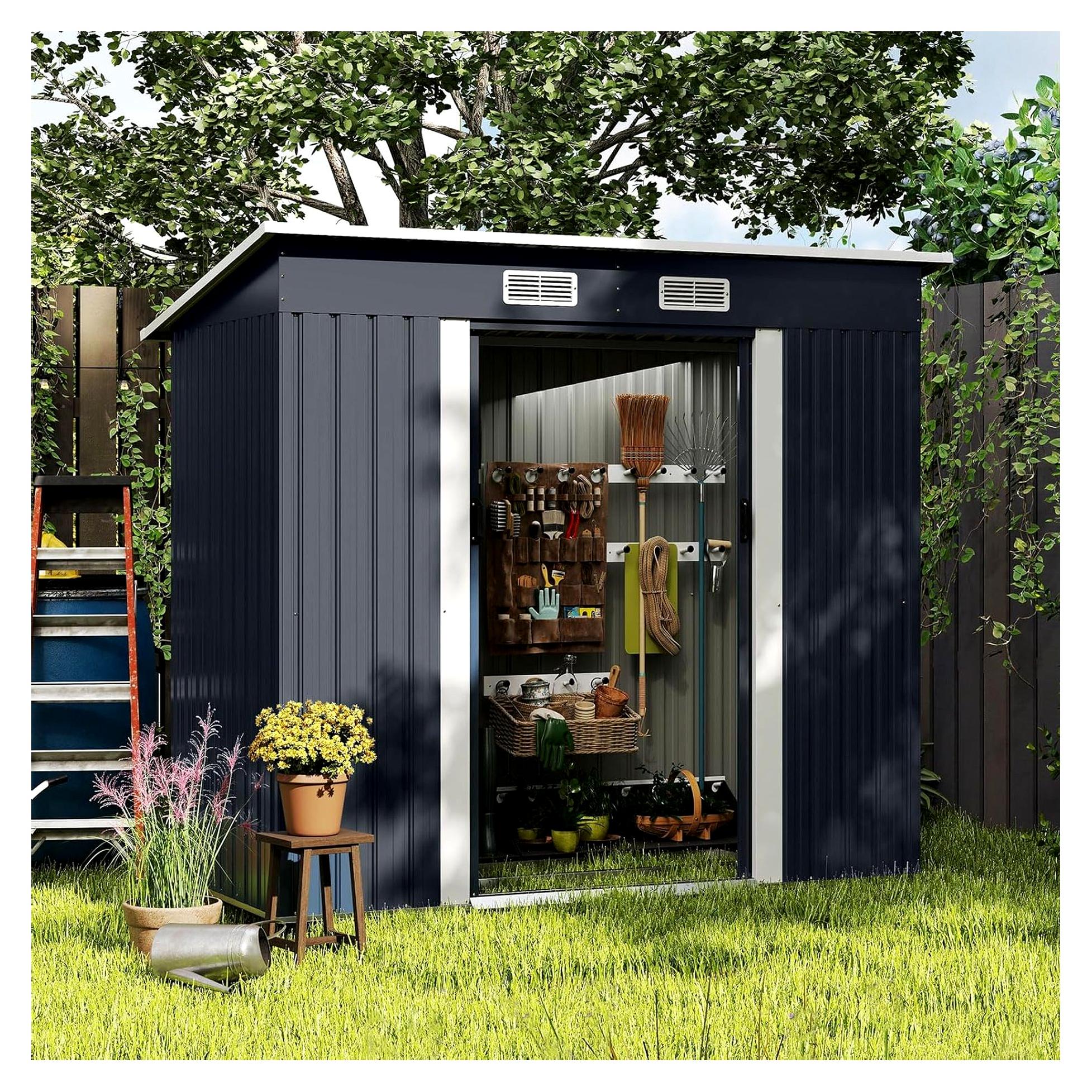 Geräteschuppen mit Pultdach und Schiebetüren, Gartenhaus mit Luftventilen und verzinktem Metallrahmen, Fahrradgarage für Garten, Rasen, Terrasse, 213 x 112 x 185 cm