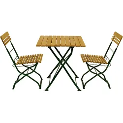 Biergarten - Garnitur MÜNCHEN 3-teilig (2x Stuhl, 1x Tisch 70x70cm), Flachstahl grün + Robinie