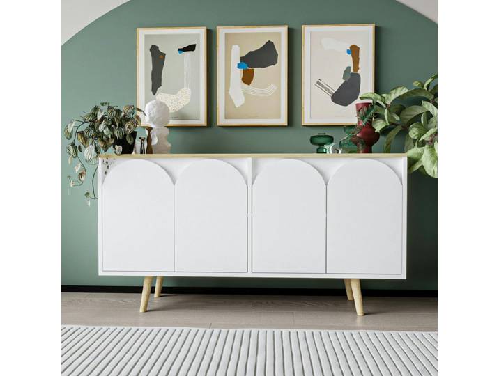 Buffet 4 portes courbées VAREN - Blanc / bois