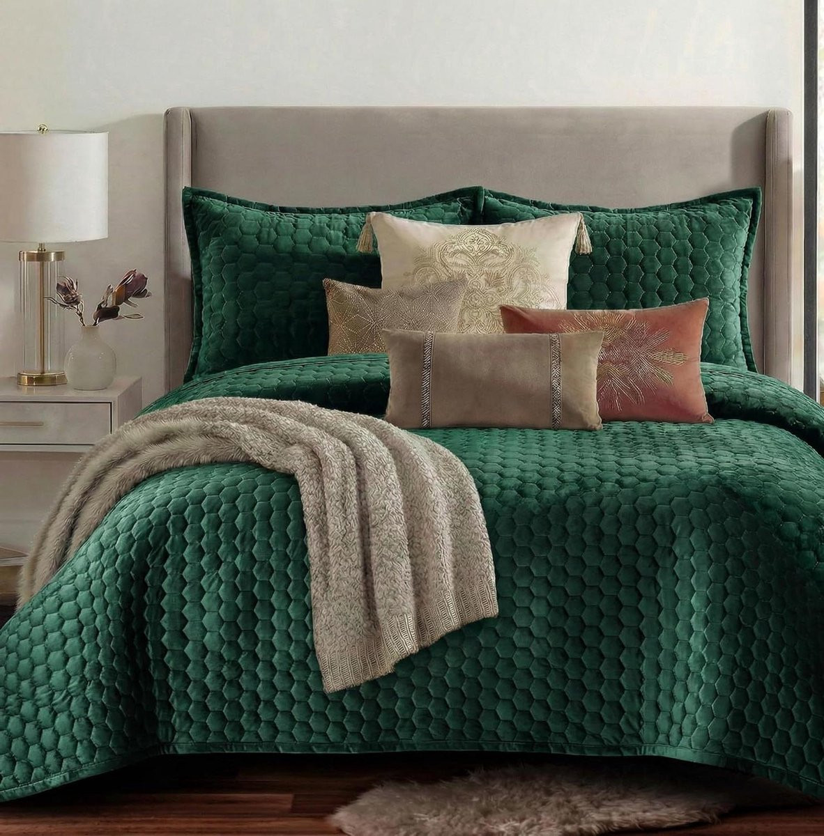 Blauwgroene Fluwelen Spreiset met Honingraatsteek Ontwerp, Oversized Twin Beddengoed Set