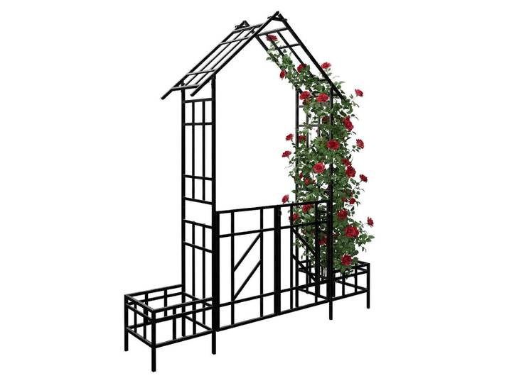 Relaxdays Rosenbogen Schwarz Eisen mit Tor, Metall, 204x247x43 cm, Dekoration, Gartendeko
