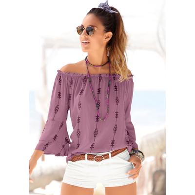 Carmenbluse LASCANA "mit Ethnodruck aus gewebter Viskose", Damen, Gr. 40, lila (lila, bedruckt), Web, Obermaterial: 100% Viskose, bedruckt, figurumspielend hüftlang, Carmenausschnitt, Volant, Blusen Schlupfbluse, schulterfreie Damenbluse,...