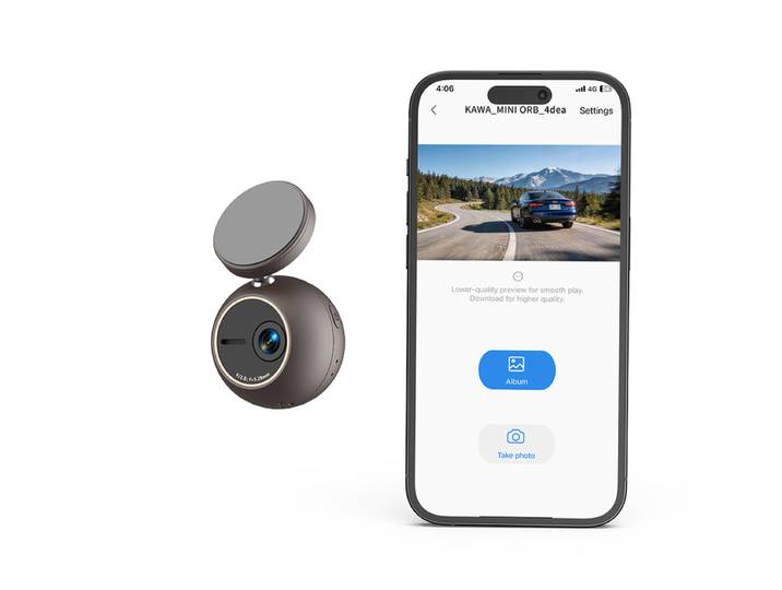 KAWA Dashcam 2K avec commande vocale, mini caméra sphérique avant, support rotatif à 360°, Wi-Fi intégré et application, capteur G, moteur NightEagle, surveillance de stationnement 24 h, enregistreur vidéo pour voiture