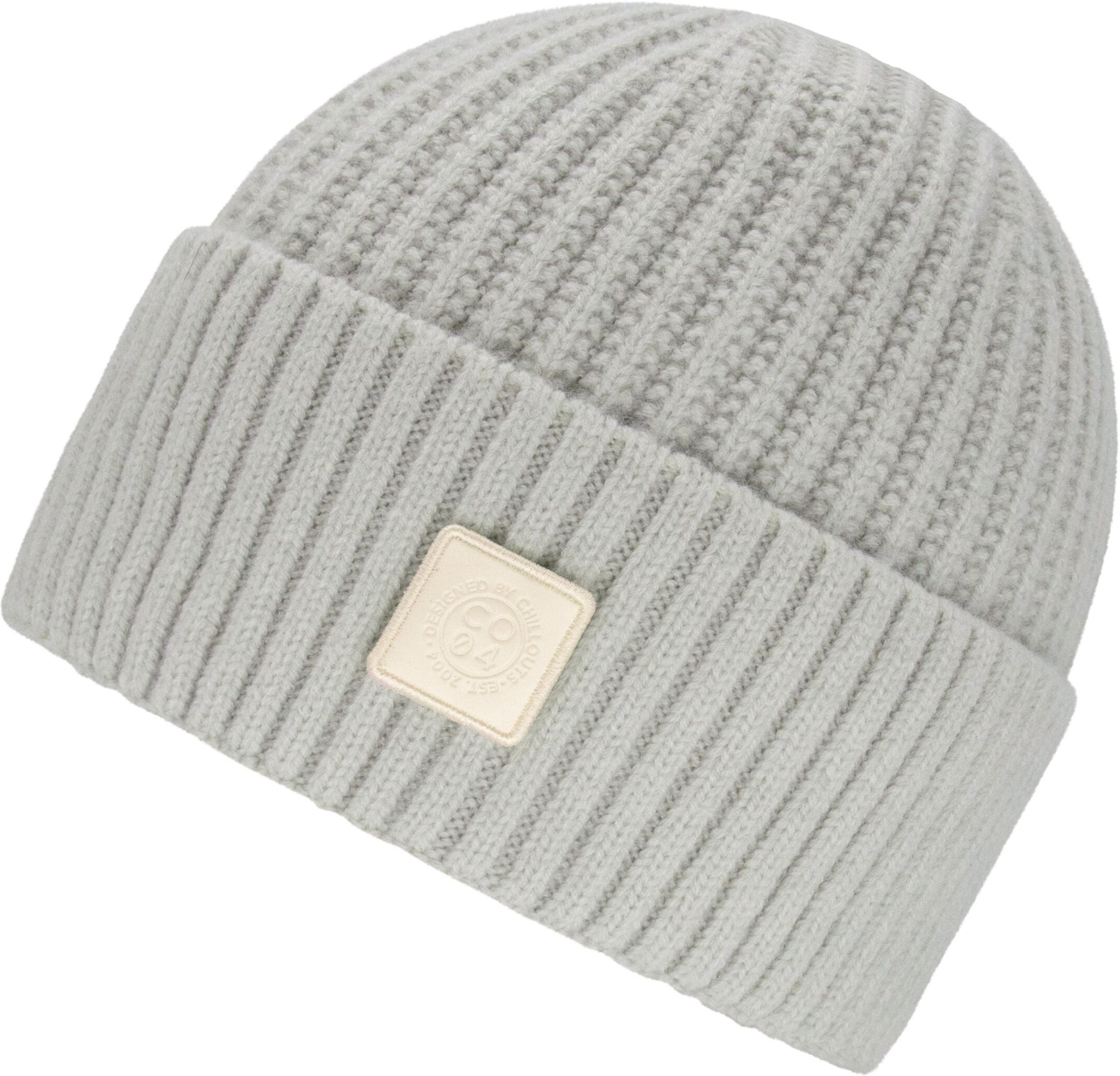 Strickmütze CHILLOUTS "Denise Hat", Damen, grau (light grau), Strick, Materialmix, unifarben, Mützen Strickmütze, mit sichtbarem Logo-Patch