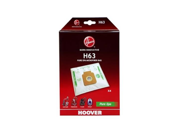 Hoover H63 Sacs d’Origine en Microfibre Pure EPA\, 4 Pièces\, Blanc Filtre Pure EPA avec Charbon Actif Anti-Odeurs\, Haute Filtration des Poussières\, Compatible avec Aspirateurs Hoover