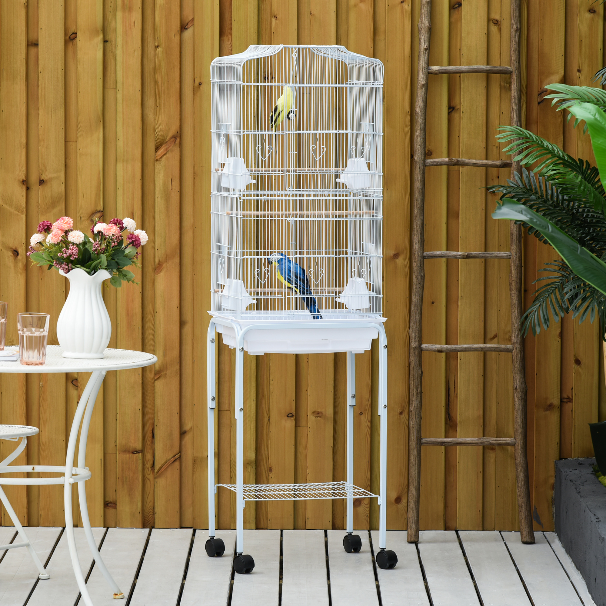 Pawhut Gabbia per Uccelli, Voliera in Metallo e Acciaio con Ruote, Trespoli e Ciotole, 46.5x36x157cm, Bianco Aosom