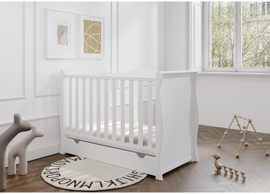 VICULII Willow Sleigh Mini Cot Bed White With Drawer And Bamboo Mattress White Standard
