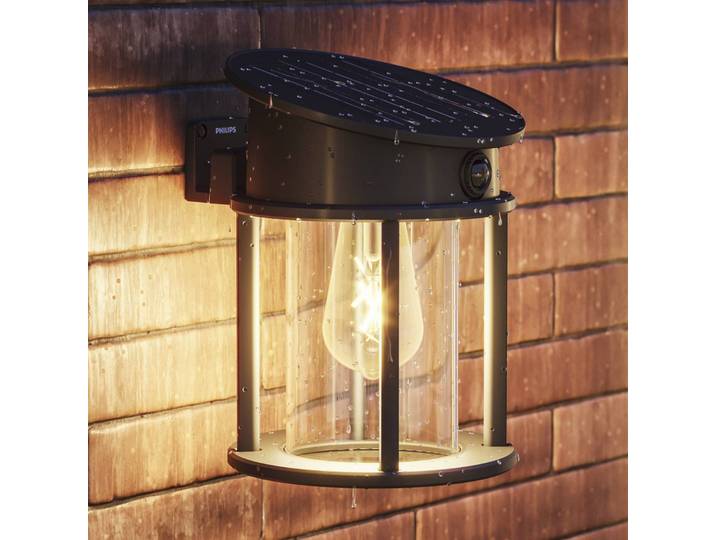 Philips LED-Solar-Außenwandlampe Geri UE Sensor, rund, IP44, schwarz, Metall, Solarleuchte außen
