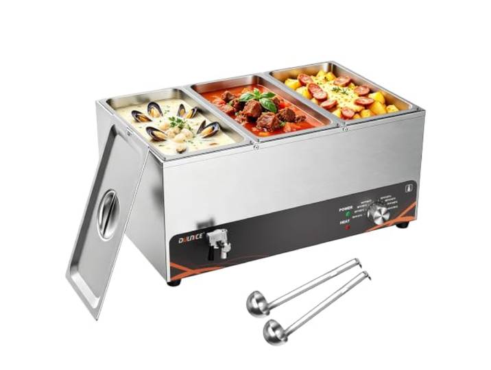 DULNICE Bain Marie Elektrisch 3x1/3 GN Edelstahl Kommerzieller Buffetwärmer Elektrischer Speisewärmer 30–85°C regelbar,mit Ablaufhahn und Suppenlöffel,für Kantinen-Cafés,1500W