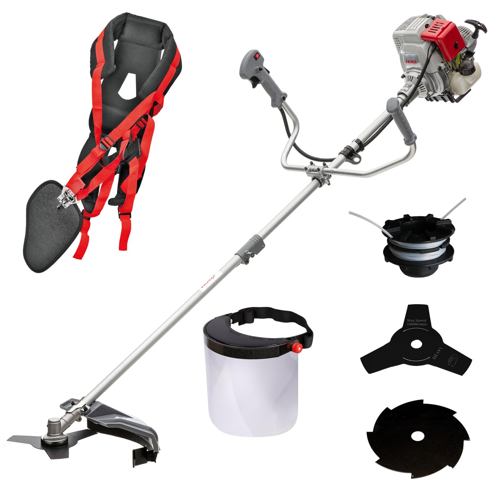 IKRA IBF 31-4 benzine-bosmaaier met 4-takt motor, draadspoel (maaibreedte 43 cm) en mes met 3 en 8 tanden (Ø 25,5 cm)