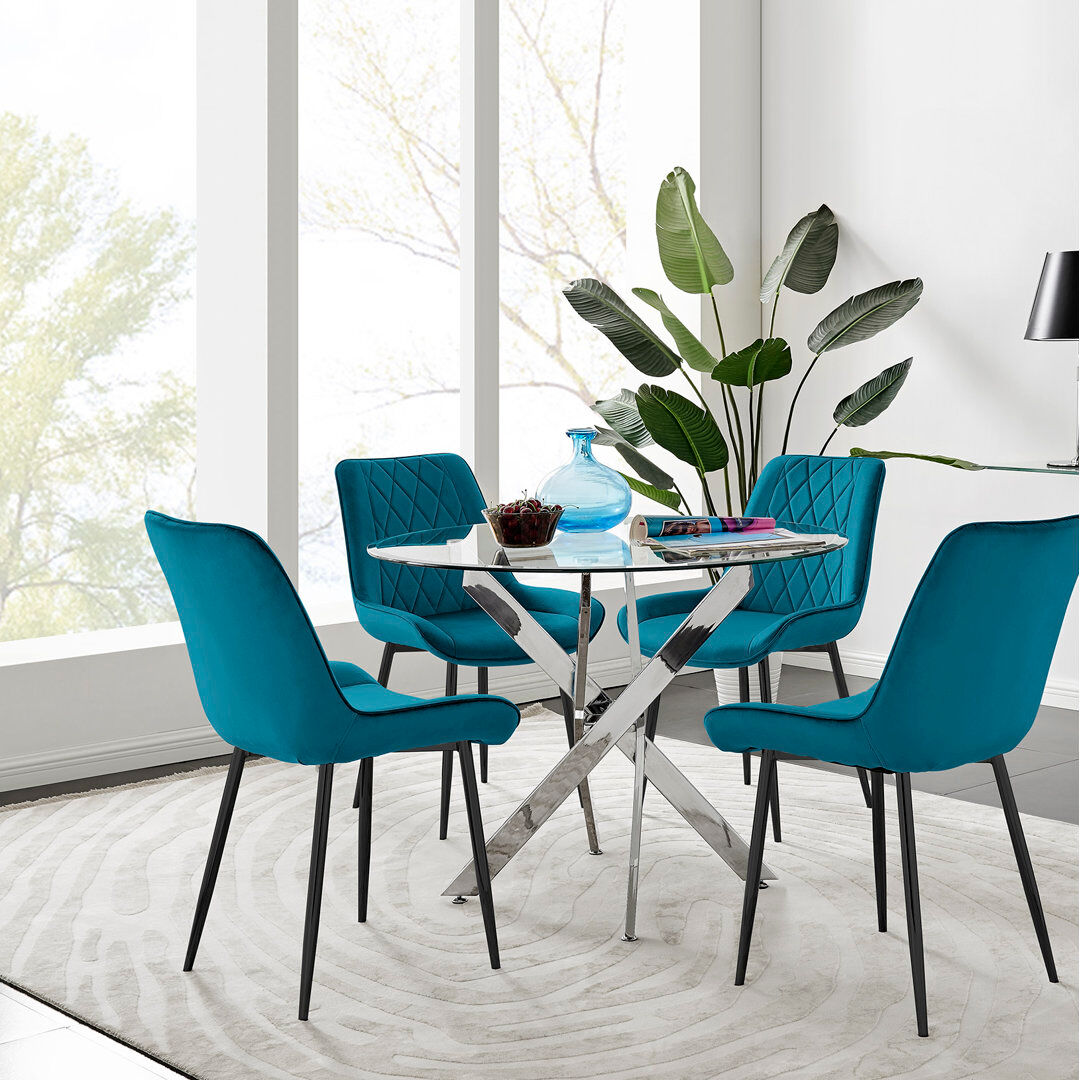 Canora Grey Tierra Modern Metal & Glass Round Dining Table Set with 4 Luxury Velvet Dining Chairs Blue/Black 4