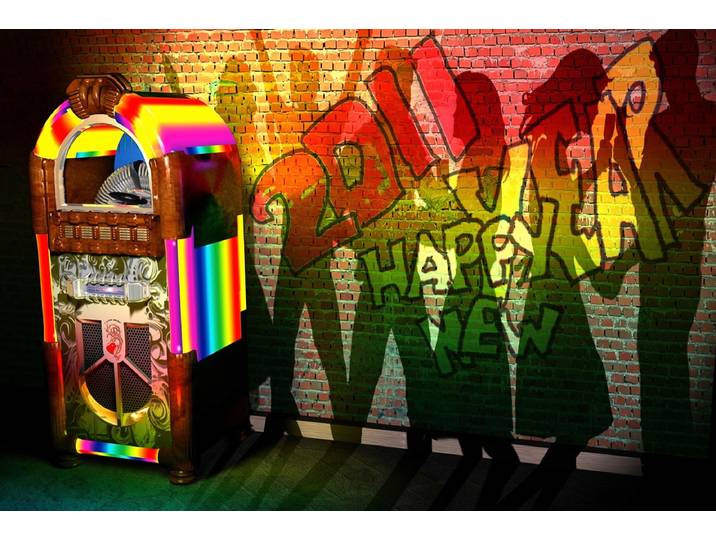 Fototapete PAPERMOON Jukebox mit Graffiti , bunt, B:3,5m L:2,6m, Vlies, Tapeten, Fototapete