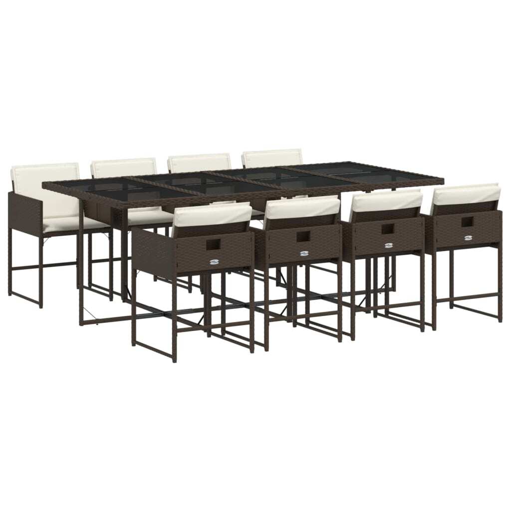 Garten-Essgruppe, 9-teilig, Poly Rattan, pulverbeschichteter Stahl, Hartglas, klappbare Stühle, UV-beständig, Braun, Kissen Cremeweiß