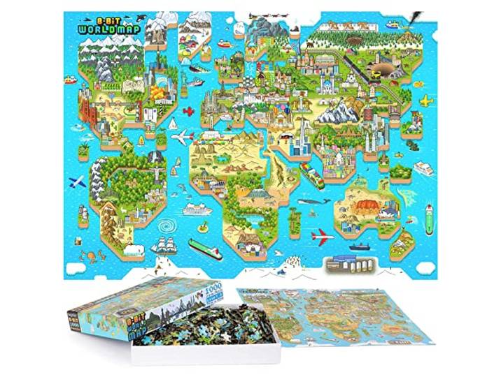 Bopster Wereldkaart 1000 puzzels voor volwassenen en kinderen, retrostijl, 8-bits wereldkaart, puzzel, aardrijkskunde, geschenken, 100% gerecycled karton, 1000 stuks, voor volwassenen en kinderen