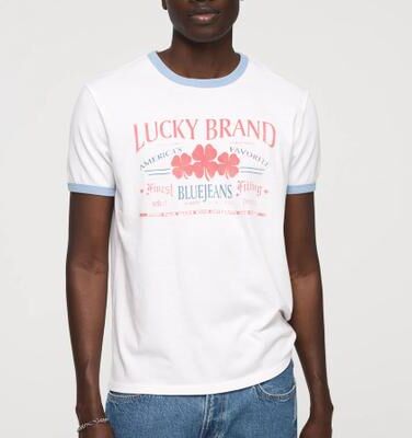 Lucky Brand Graphic Title Ringer Tee - Men's Clothing Tops Shirts Tee Graphic T Shirts in Bright White, Size S