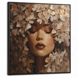 LEINWAND Bilder mit Rahmen - Gesicht - Dame - Blätter - Pinselstriche - 90x90