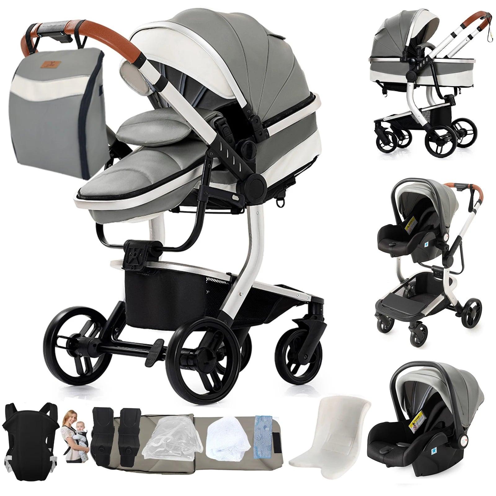 3-in-1 Kinderwagen mit Autositz, wasserdicht, aus Leder, zusammenklappbar, Reisesystem