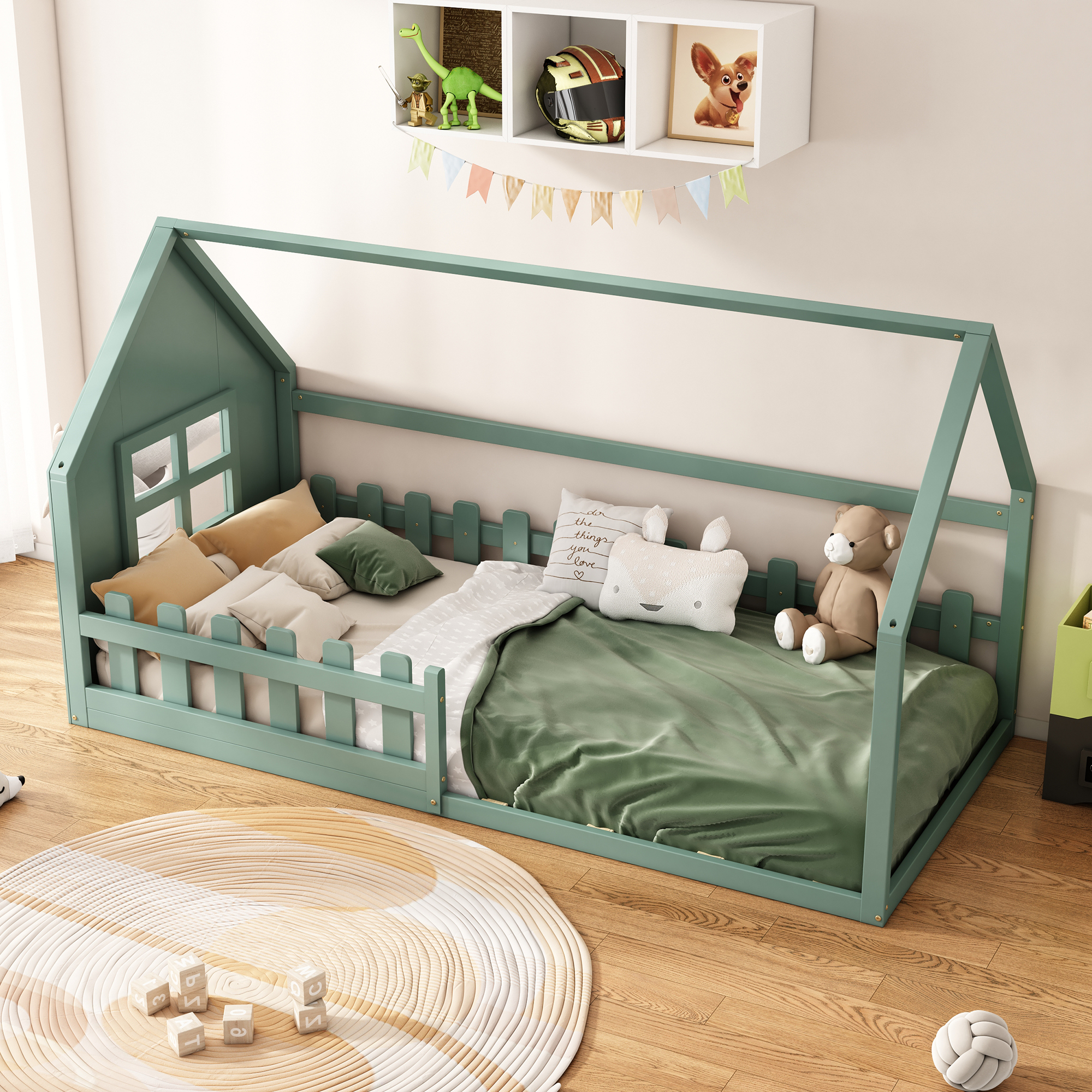 okwish Kinderbett Plattformbett 90×200 cm mit Lattenrost, Jugendbett Hausbett Holzbett mit Rausfallschutz für Jungen und Mädchen, Grün(mit Matratze)