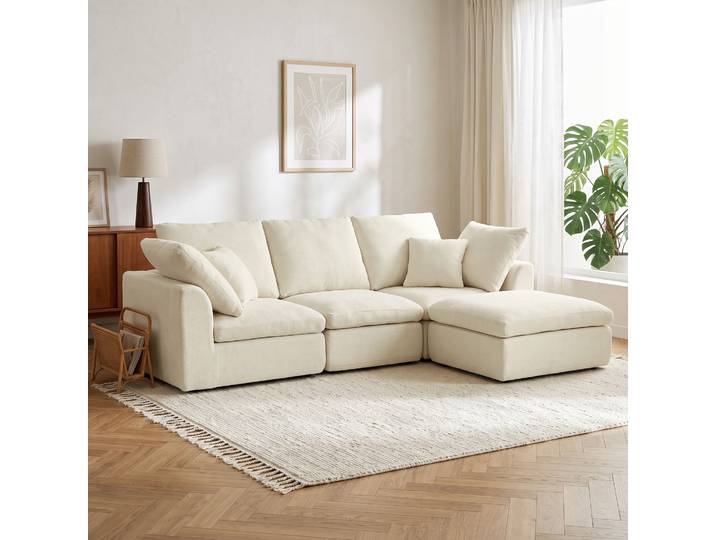 HOMCOM Canapé 3 Places Angle Modulable Chenille 254cm Moderne Crème