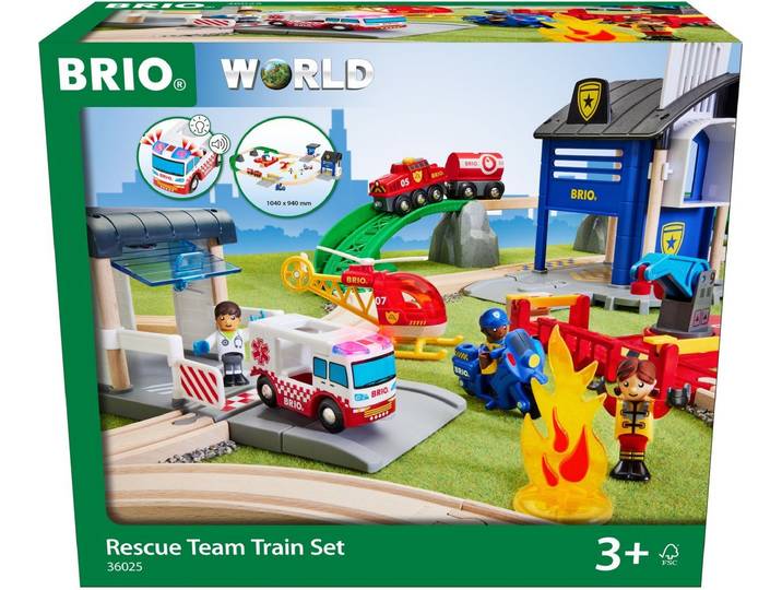 BRIO® Spielzeugeisenbahn-Erweiterung BRIO® WORLD, Polizei und Feuerwehr Set Deluxe, (Set), mit Licht und Soundfunktion