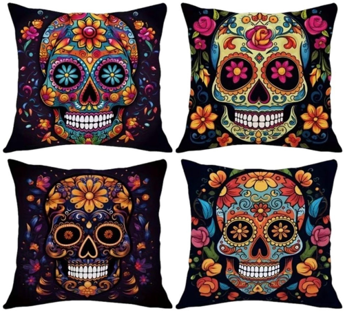 Set van 4 kussenslopen met kleurrijke suikerschedels voor Halloween decoratie