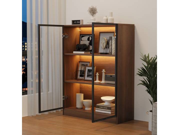 Vitrine en verre 80x32x106 cm avec éclairage LED étagère à 3 niveaux noyer naturel