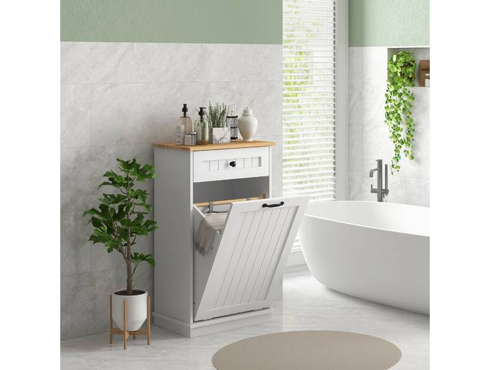 Meuble de salle de bain auxiliaire Homcom avec panier à linge 52X33X90 cm Blanc