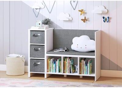 UTEX Kids Bookcase with Reading Nook, 6-Cubby Toy Storage Organizer with Bins,Kids Bookshelf and Storage,White