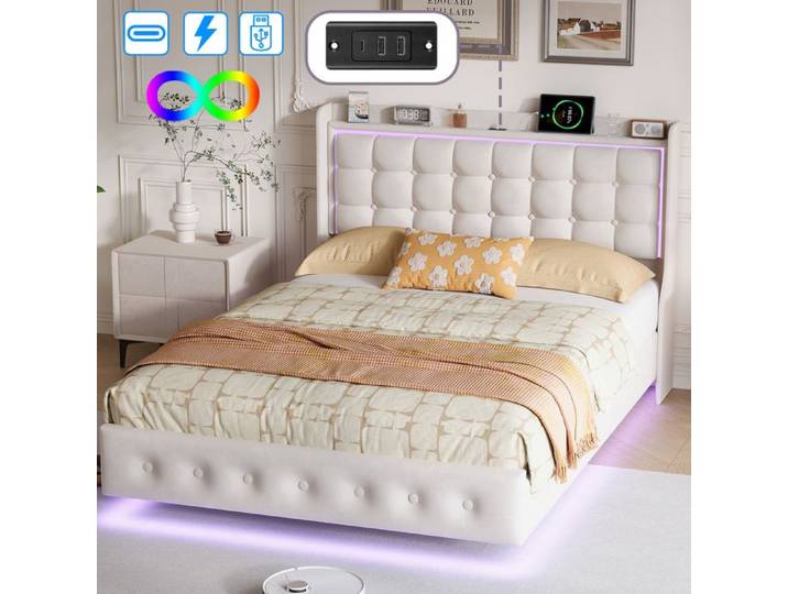 Lit 160x200 cm LUMINARIX LED USB/Type-C cadre de lit flottant rembourré lit double 160x200 cm Sommier à lattes velours Blanc