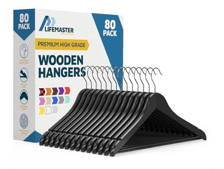 LifeMaster 80-teiliges schwarzes Holz-Kleiderbügel-Set: robust, um 360° drehbar, platzsparendes Design für organisierte Schränke – ideal für Camisoles, Jacken, Hosen und Kleider