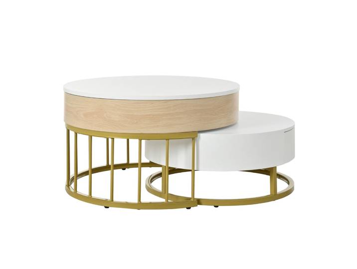 Lot de 2 tables basses blanches et dorées avec tiroir 70x70x56 cm