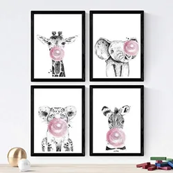 POSTER Set mit 4 Kinder Tiere mit rosa Kaugumm A3 Schwarzer Rahmen