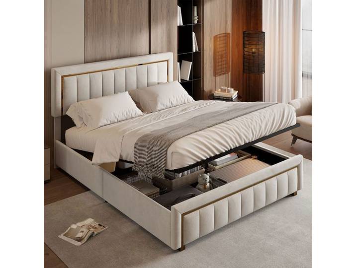 Lit coffre - BLANKETSWARM - 160x200 cm - Tête de lit dorée - Tissu flanelle - Rangement intégré