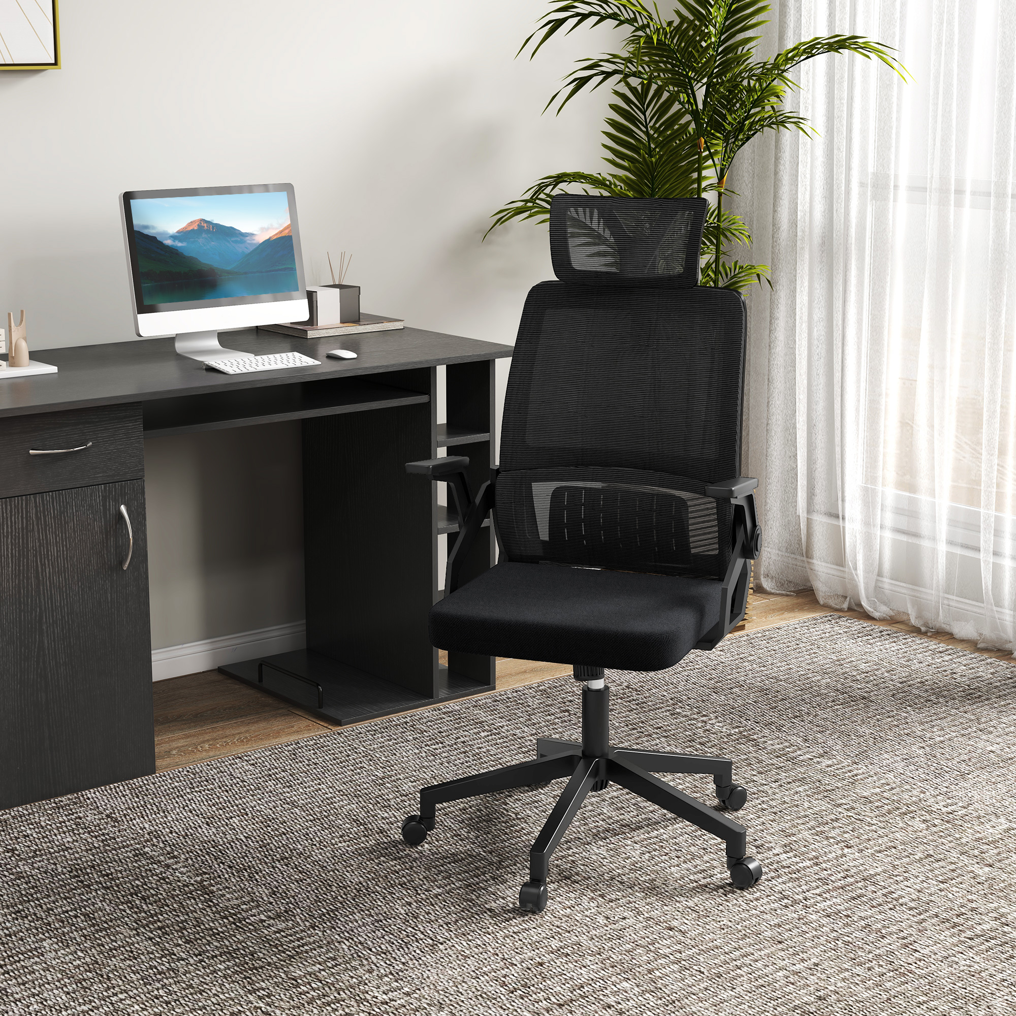 Vinsetto Sedia da Ufficio Sedia da Scrivania Sedia da Ufficio, regolabile in altezza, 1 poggiatesta, 58 x 61 x 119 cm. Nero